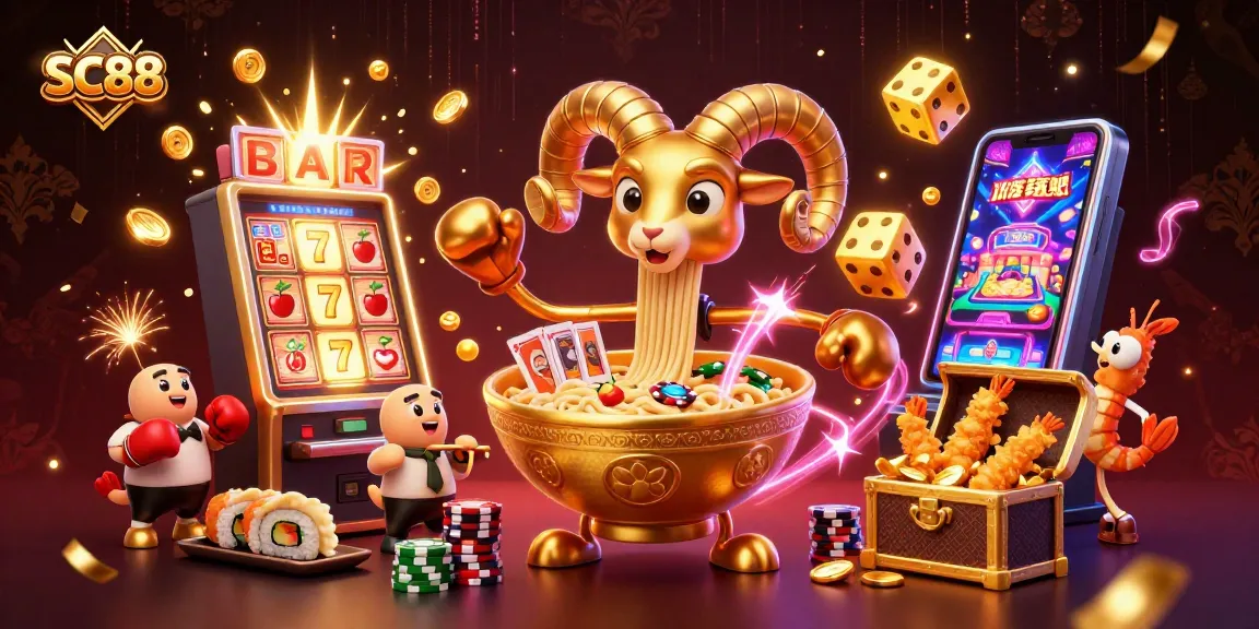 Experience the excitement of SC88 with vibrant casino characters, slot machine, and colorful game elements.