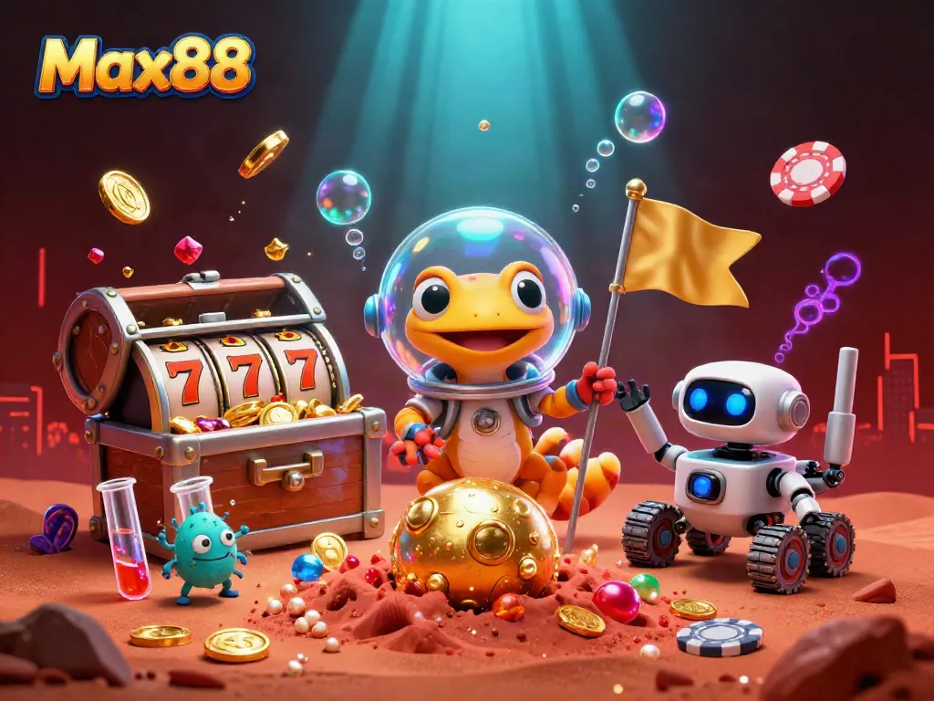 Max88's Martian gecko discovers a vibrant casino scene filled with golden treasures and exciting games.
