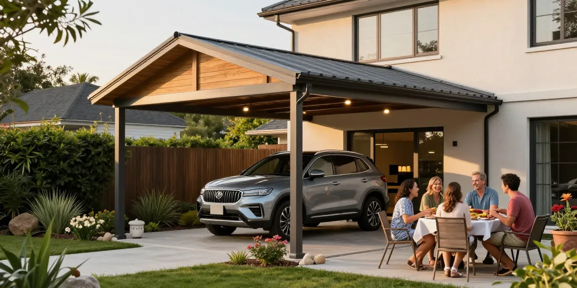 Wunderschöner Carport neben modernem Haus, Familie genießt Barbecue im Garten.