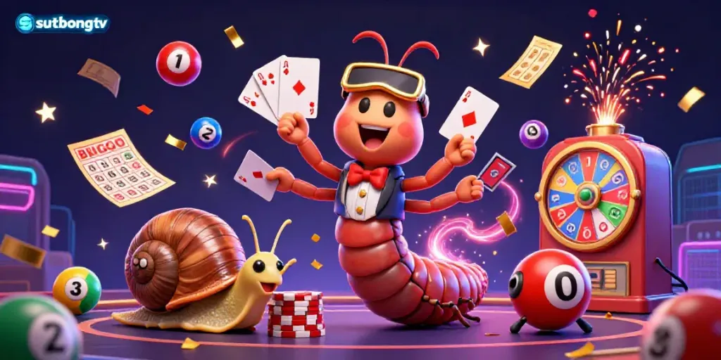 Sutbongtv showcases an energetic sports betting scene with a cartoon millipede dealer and lottery elements.