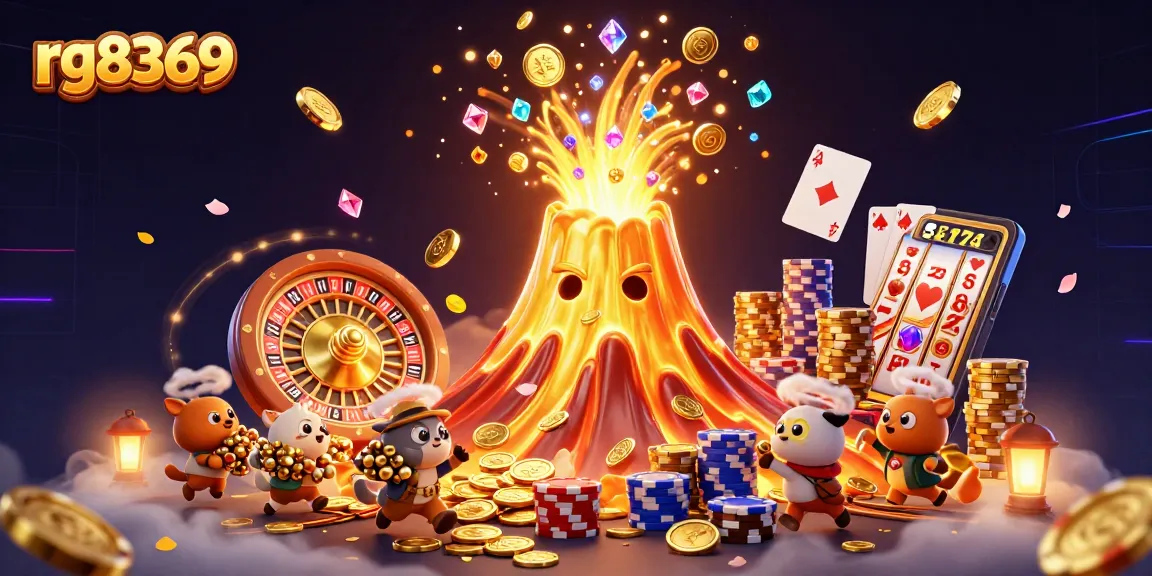 Win big with rg8369 as a golden volcano erupts treasures in a vibrant casino scene.