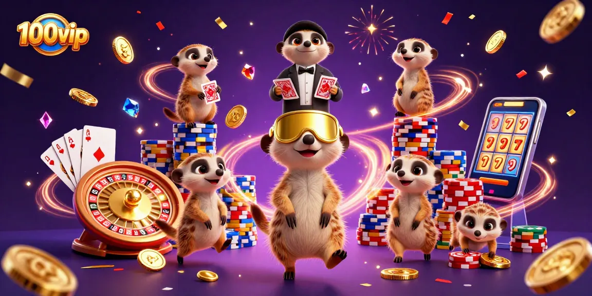 Win big at 100vip with an exciting casino scene featuring meerkats celebrating winnings and vibrant game elements.