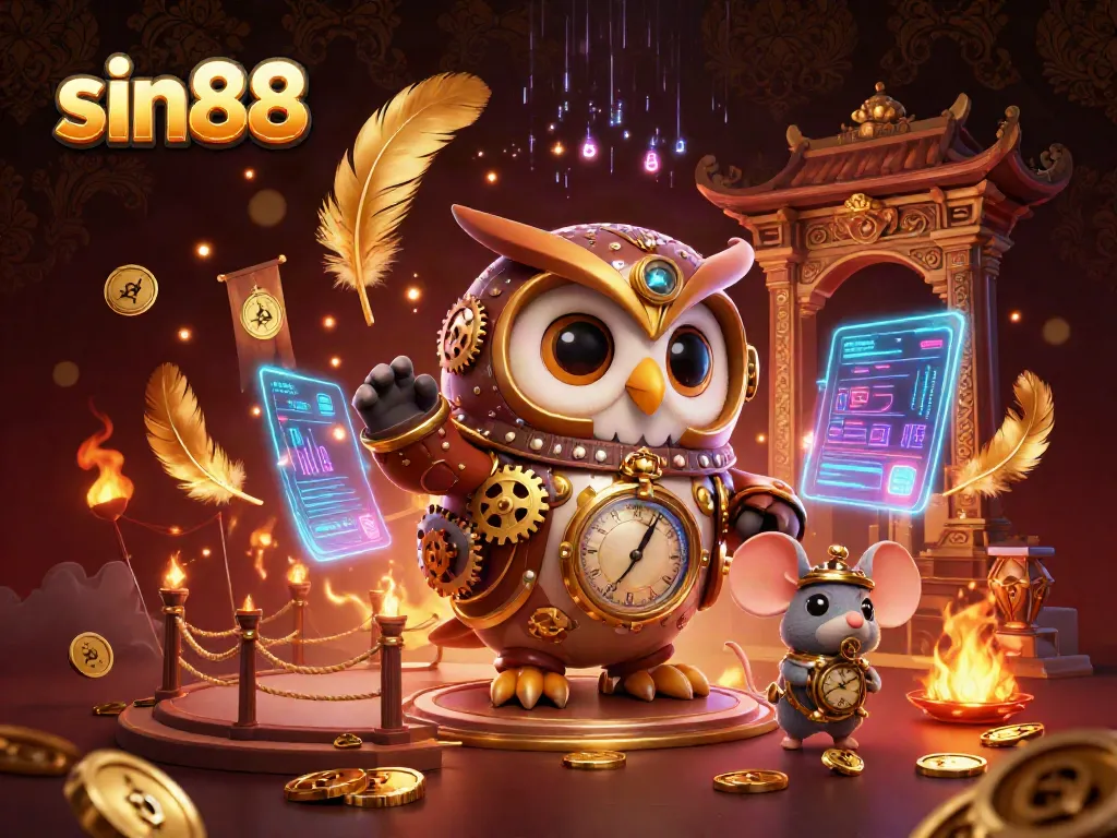 Engage in the thrilling world of sin88 with a time-traveler owl and casino elements in this vibrant 3D illustration.