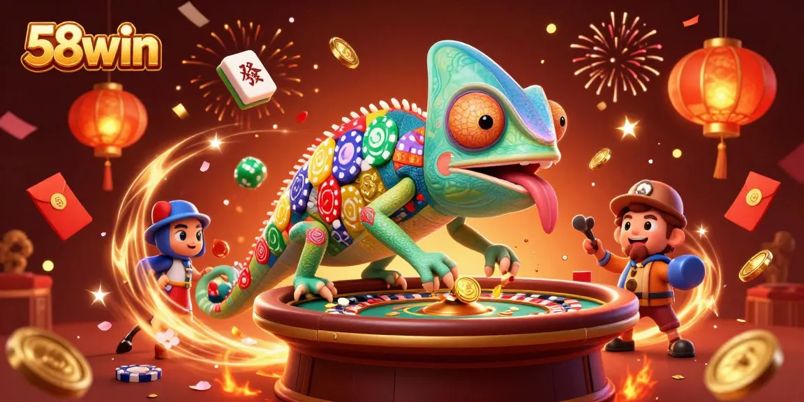 Experience the vibrant gaming world of 58win with our engaging chameleon casino owner surrounded by festive elements.