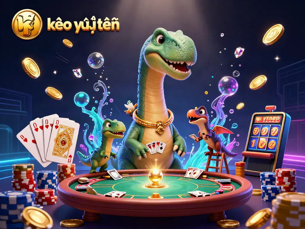 Experience excitement with kèo trực tuyến as a giant brontosaurus towers over a vibrant casino scene.