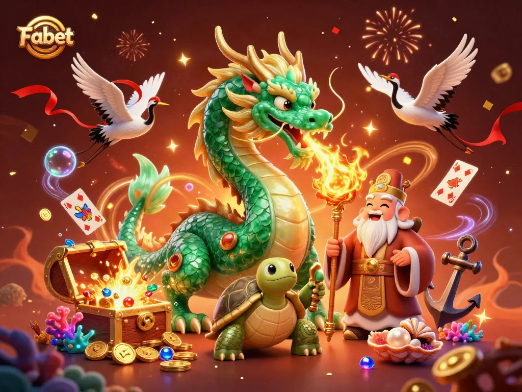 Experience Fabet's thrilling world with an emerald dragon, wise sage, and lucky cranes in a vibrant casino scene.