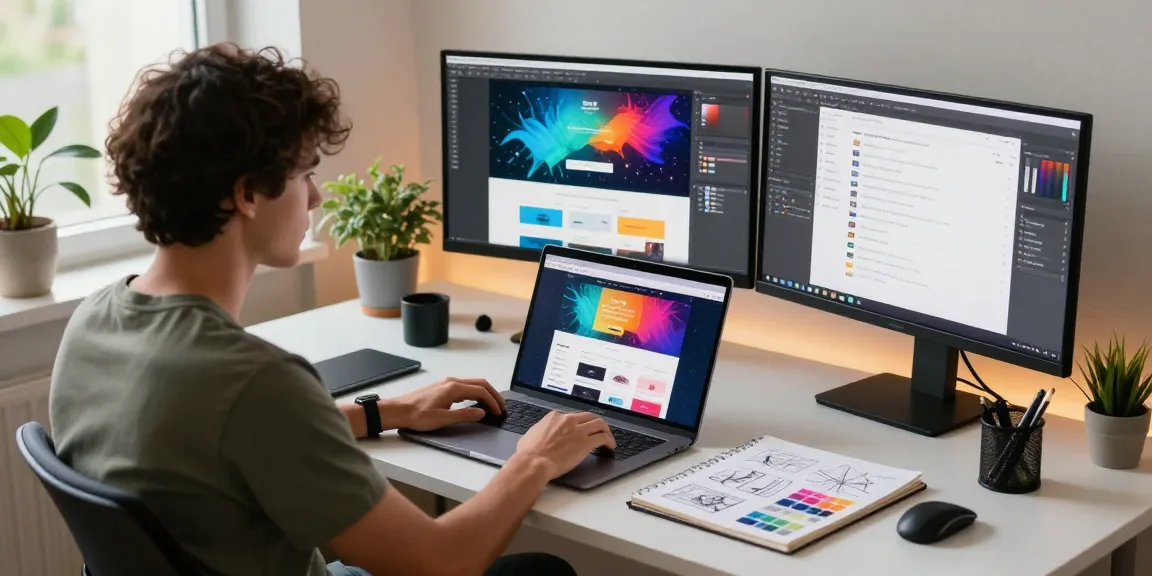 Webdesign-Freiberufler, der in einem stilvollen Arbeitsbereich an lebendigen Website-Mockups zusammenarbeitet.