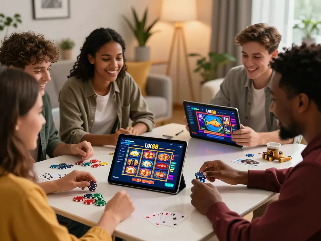 Friends engaging with the Uk88 online gaming platform in a cozy living room setting.