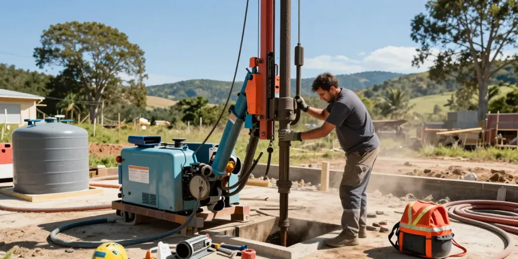Aktive Brunnenbohrung mit Techniker in sicherer Arbeitsumgebung und modernem Equipment.