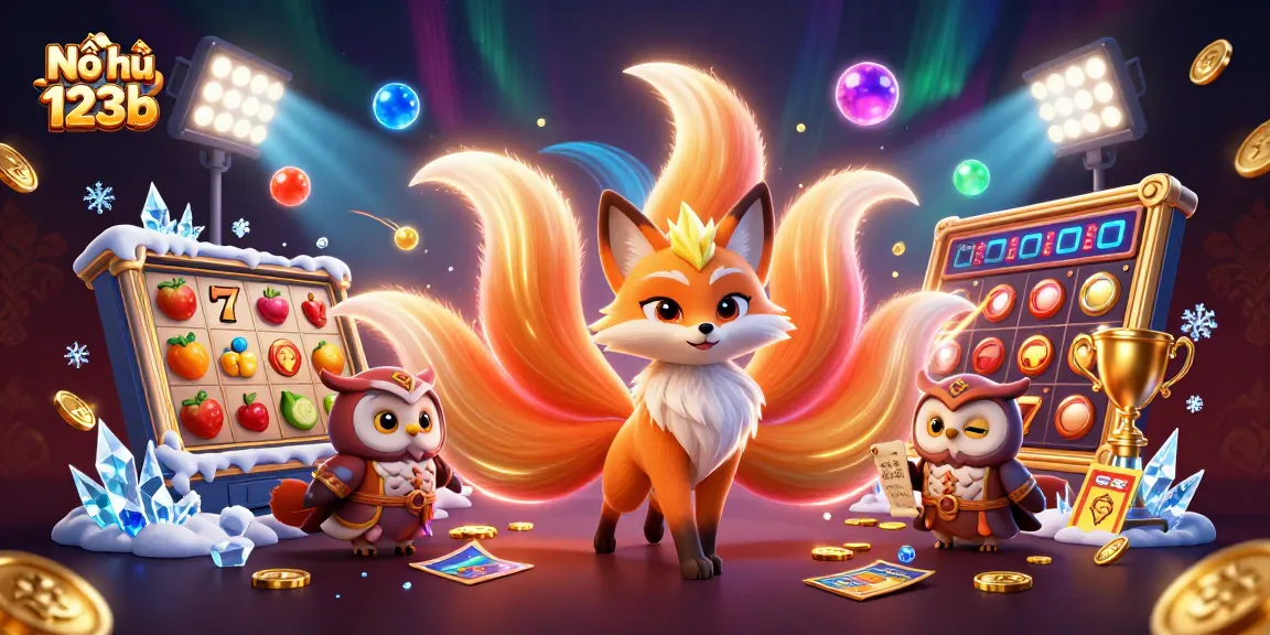 Nổ hũ 123b showcases an enchanting scene with a nine-tailed fox and owl among dynamic slot game elements.