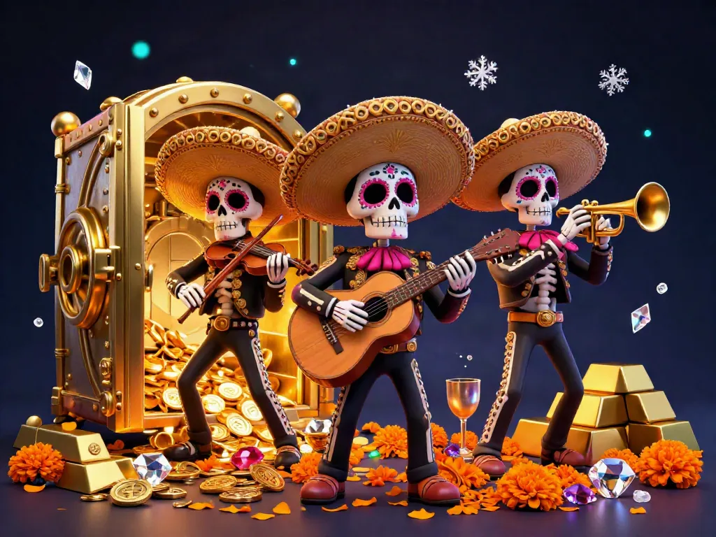 Engage in exhilarating gameplay at LU88 with vibrant mariachi skeletons celebrating winnings in a treasure-filled casino.