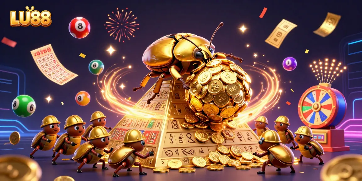LU88's dynamic casino scene featuring colorful lottery elements and a golden dung beetle.
