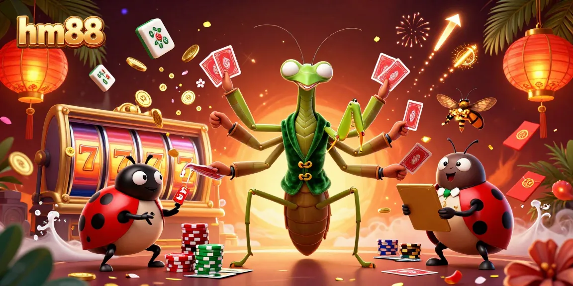 Experience winning strategies at hm88 casino with vibrant illustrations of lively games and characters.