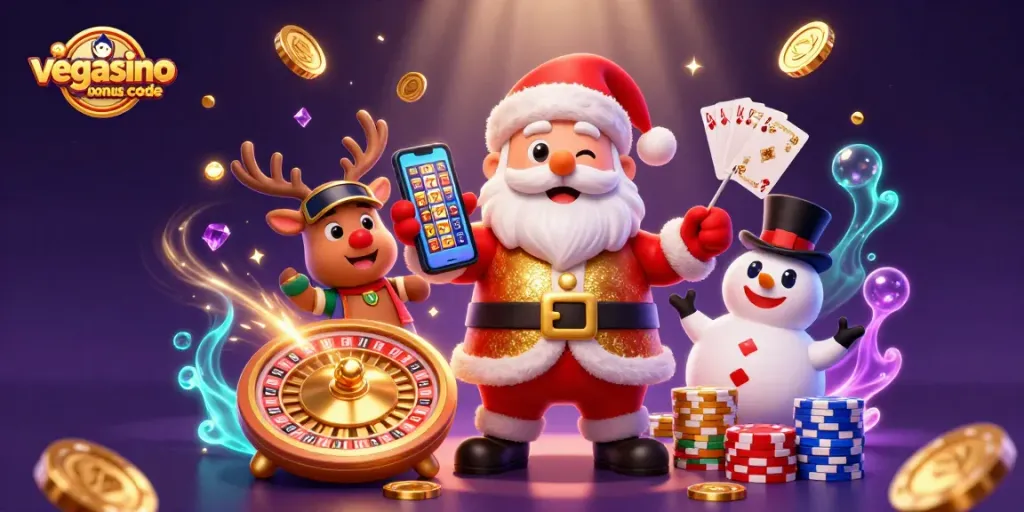 Use the vegasino bonus code with Santa and friends in a vibrant casino scene.