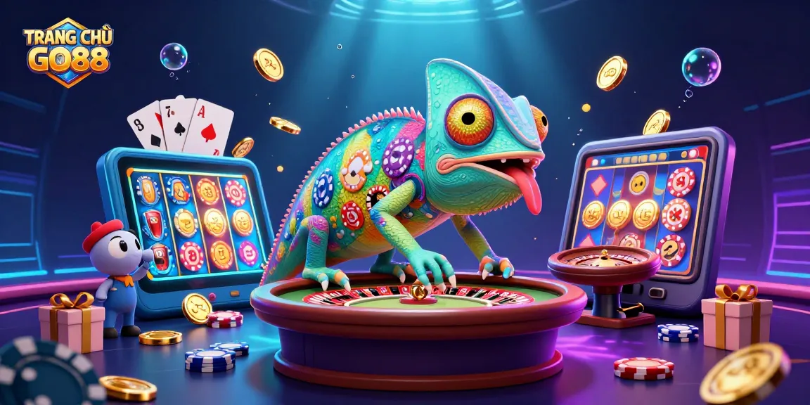 Engage with TRANG CHỦ GO88 - a vibrant chameleon casino owner in a colorful gambling scene with spinning reels and coins.