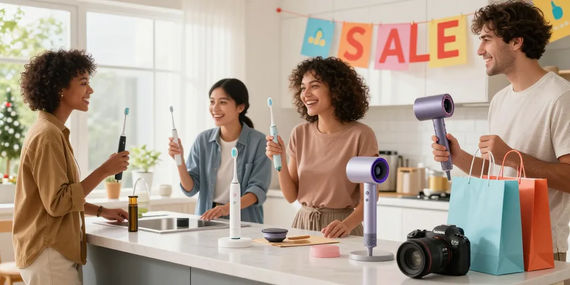 Laifen Deutschland Prime Day Sale, glückliche Käufer in modernen Zuhause mit elektrischen Zahnbürsten und Haartrocknern.
