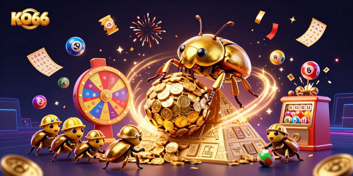 Experience thrilling gameplay with KO66 as a golden beetle rolls coins in this dynamic casino scene.