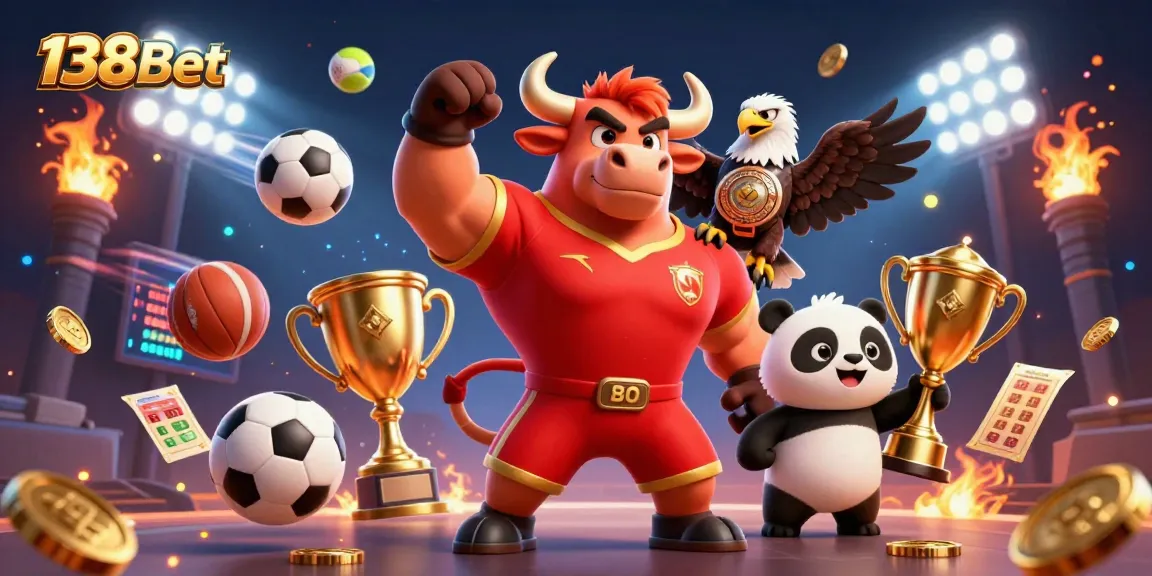 Experience the excitement of 138Bet with a dynamic 3D illustration featuring a bull mascot, eagle, and panda amidst vibrant gambling elements.