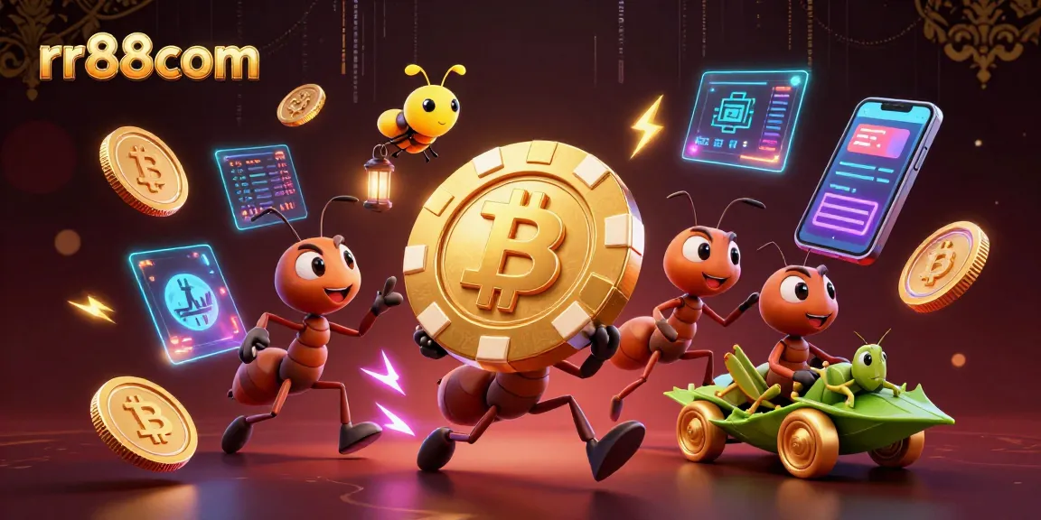 Bettors strategizing with rr88com as ants carry a giant poker chip among vibrant casino elements.