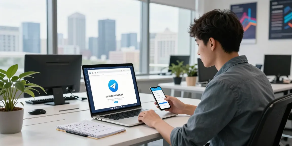 Switching to Telegram Chinese in a tech workspace with a user at a modern desk.