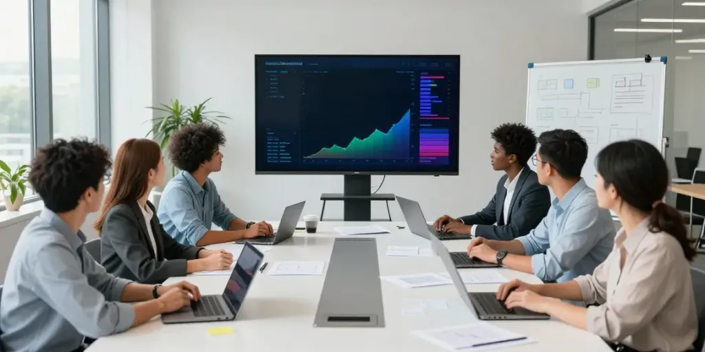 Equipe de negócios colaborando em ambiente de escritório moderno, discutindo estratégias para BPI Net Empresas.