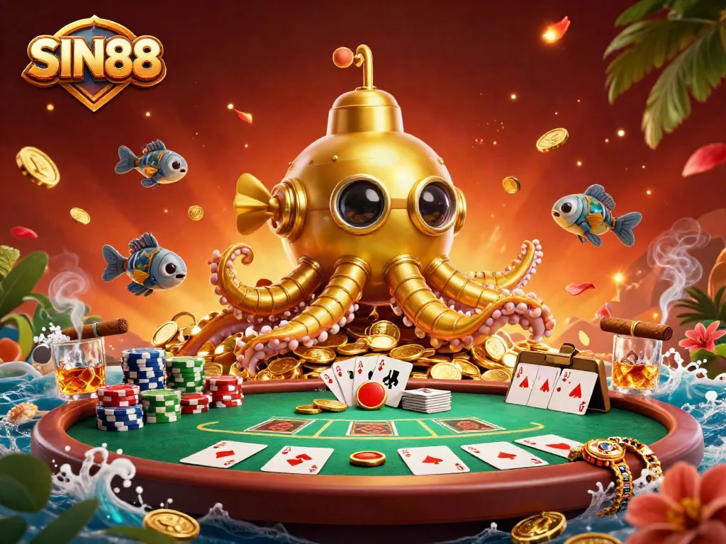 SIN88 showcases a vibrant 3D scene with an imaginative kraken submarine amidst poker elements, captivating gamblers.