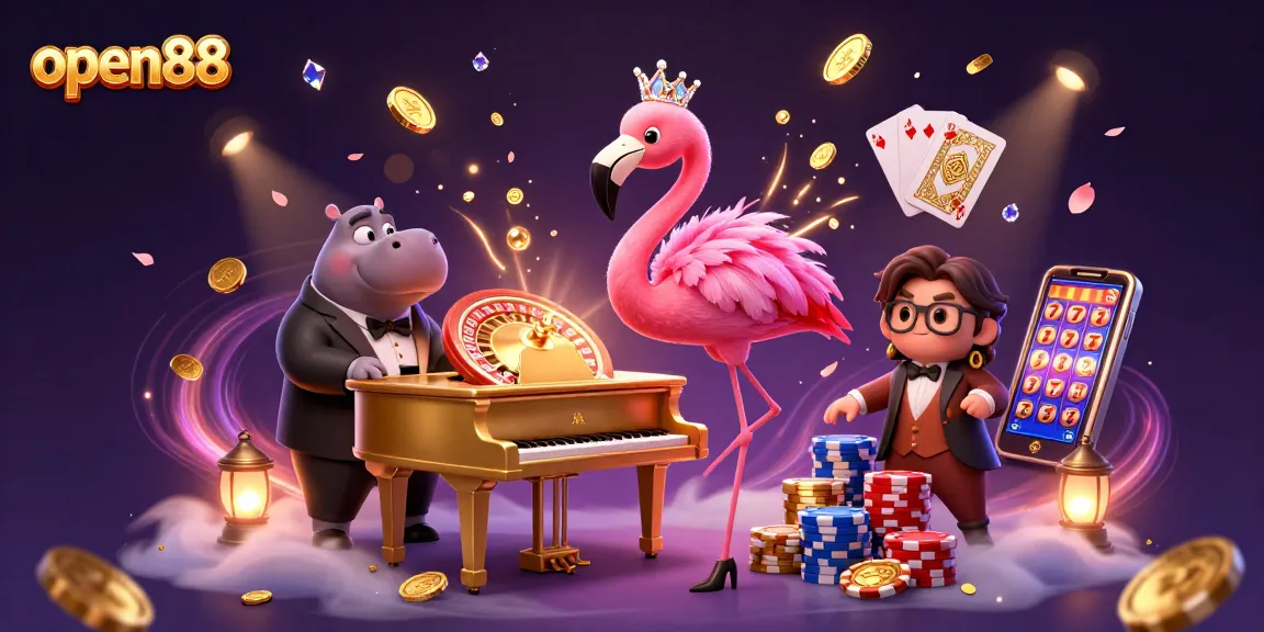 Experience the thrill of gambling with open88 and vibrant casino characters in an energetic scene.