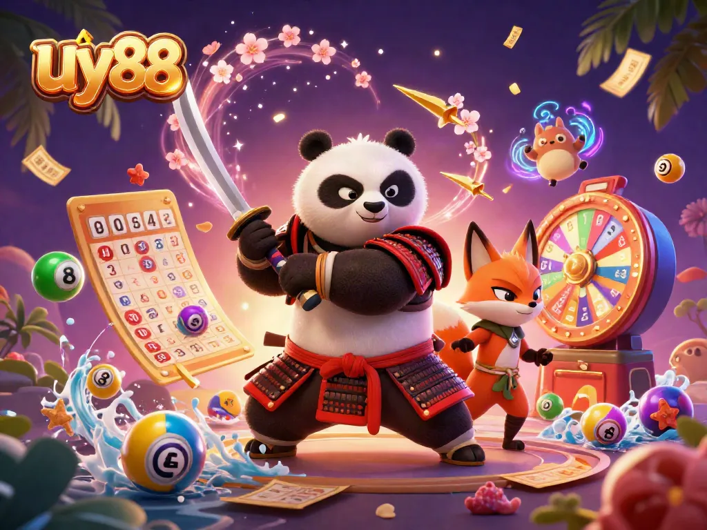 Experience excitement with uy88, where a samurai panda, ninja fox, and spirit tanuki depict thrilling games.