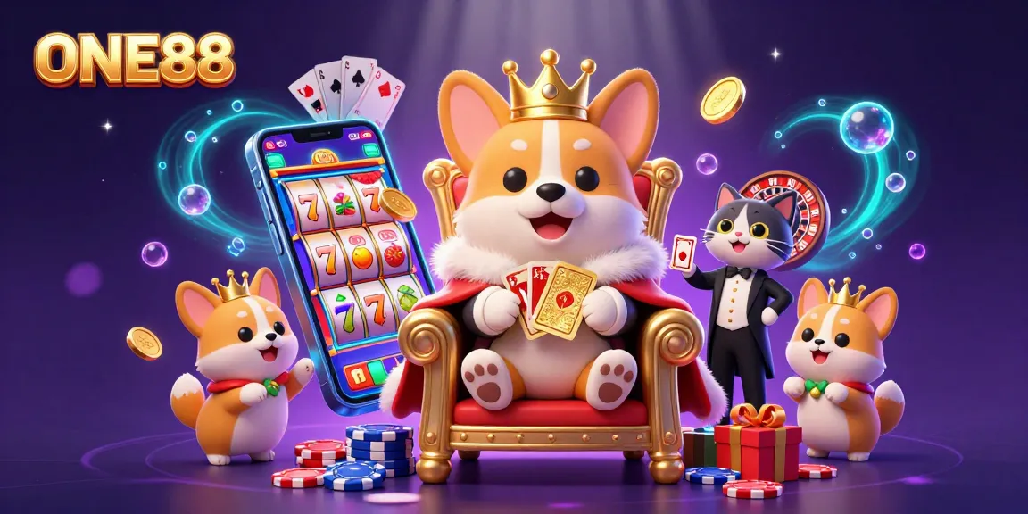 ONE88 showcases a royal corgi on a poker chip throne among vibrant slot game elements.