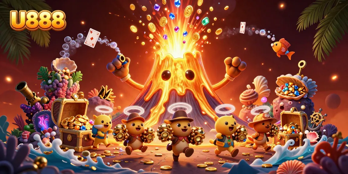 Experience thrilling wins at U888 with a golden volcano erupting treasure and adventurous explorers.