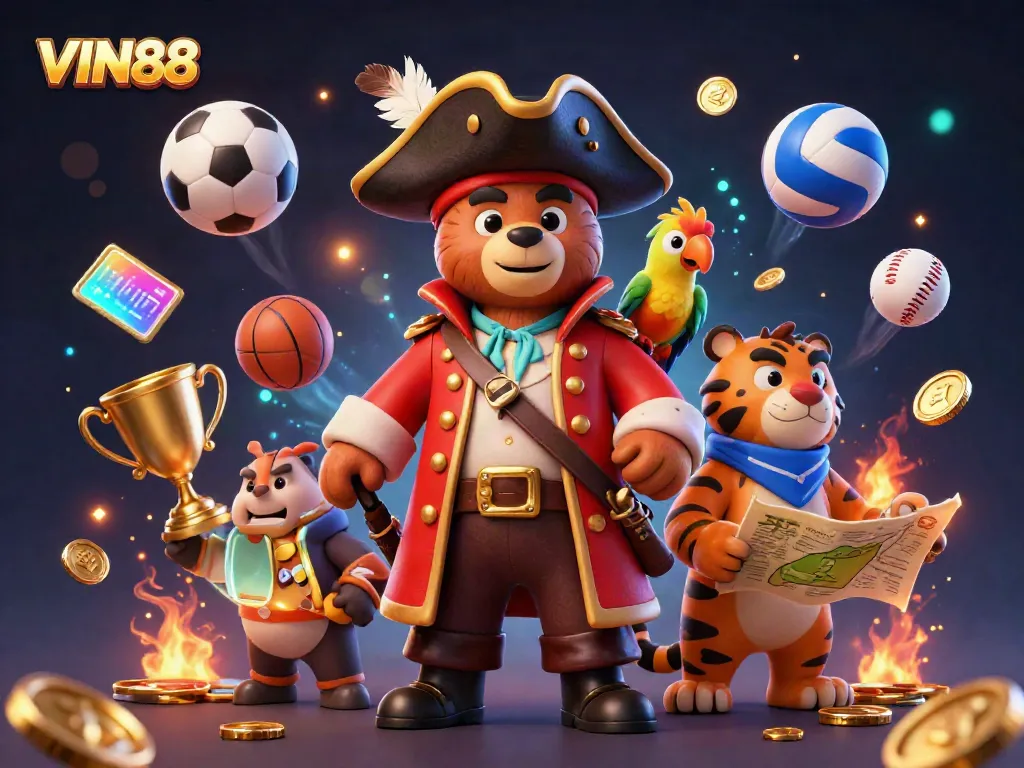 Experience the excitement at VIN88's thrilling gaming scene with a pirate captain, tiger, and golden treasures.