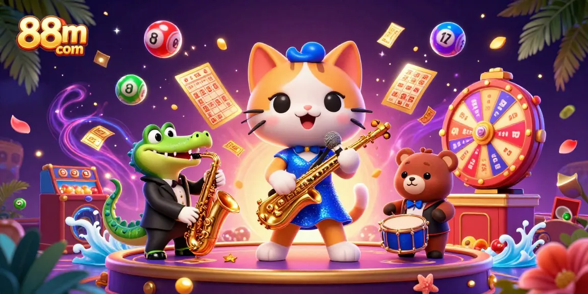 Engage with vibrant 88m com scenes filled with colorful lottery balls, a jazzy cat singer, and casino excitement.