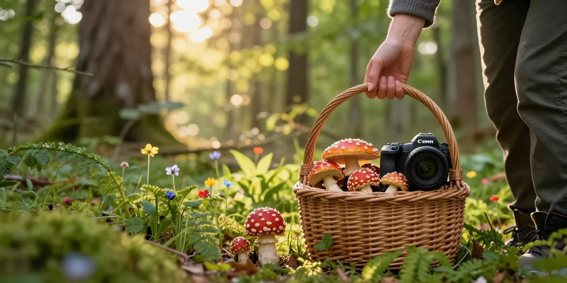 Eine Person, die im ruhigen Wald nach Amanita muscaria-Pilzen sucht, zeigt die Schönheit der Natur und betont dabei das Thema des nachhaltigen Fliegenpilz-Bestellens.