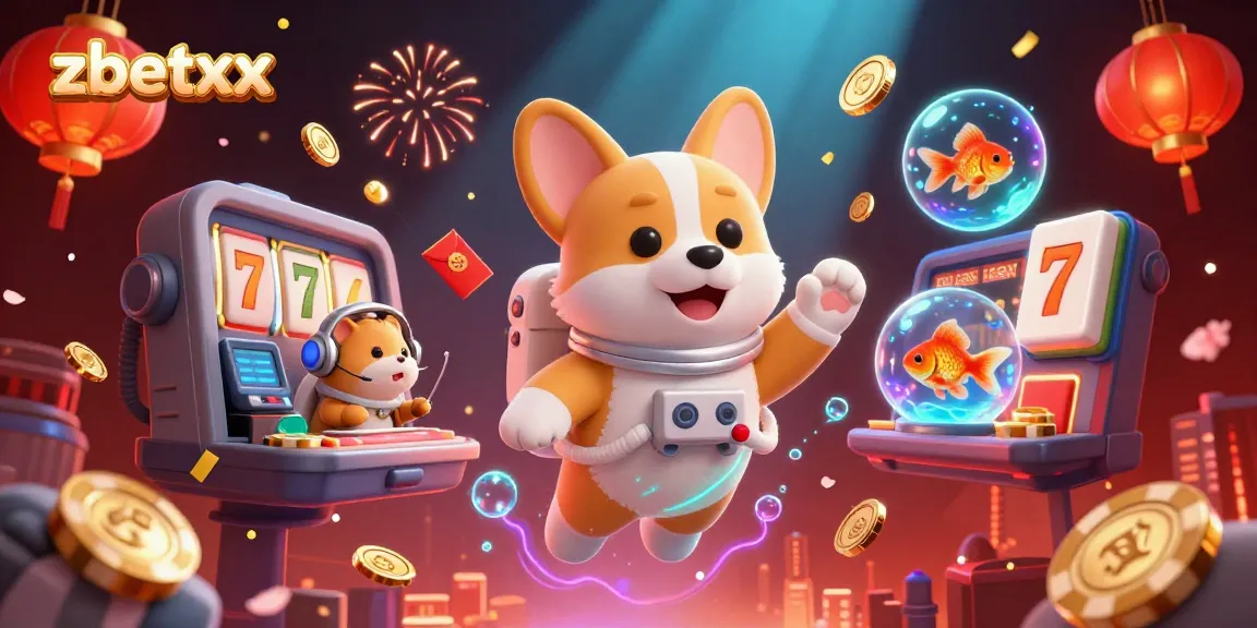 Engage with zbetxx in a vibrant casino atmosphere featuring an astronaut corgi amidst floating slots, poker chips, and glowing mahjong tiles.