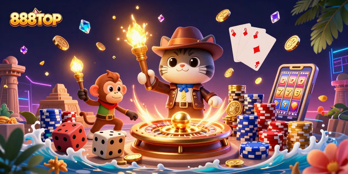 Play games at 888TOP with a dynamic 3D illustration showcasing a thrilling casino adventure.