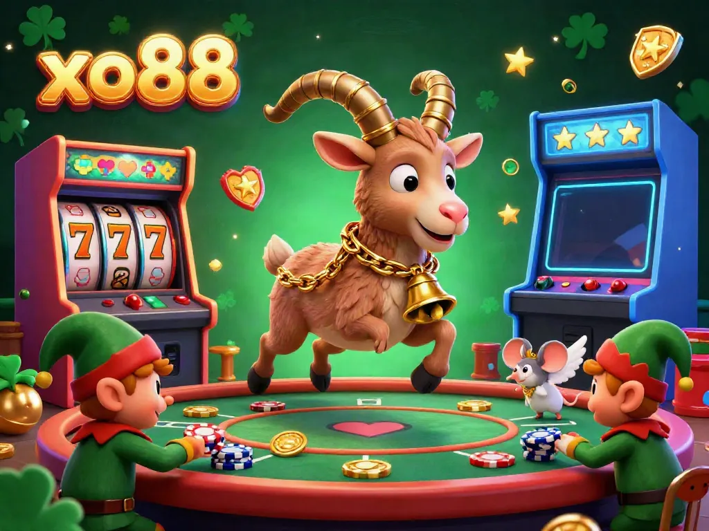 Experience the festive chaos of xo88's casino with a Krampus goat and playful elves in a vibrant scene.
