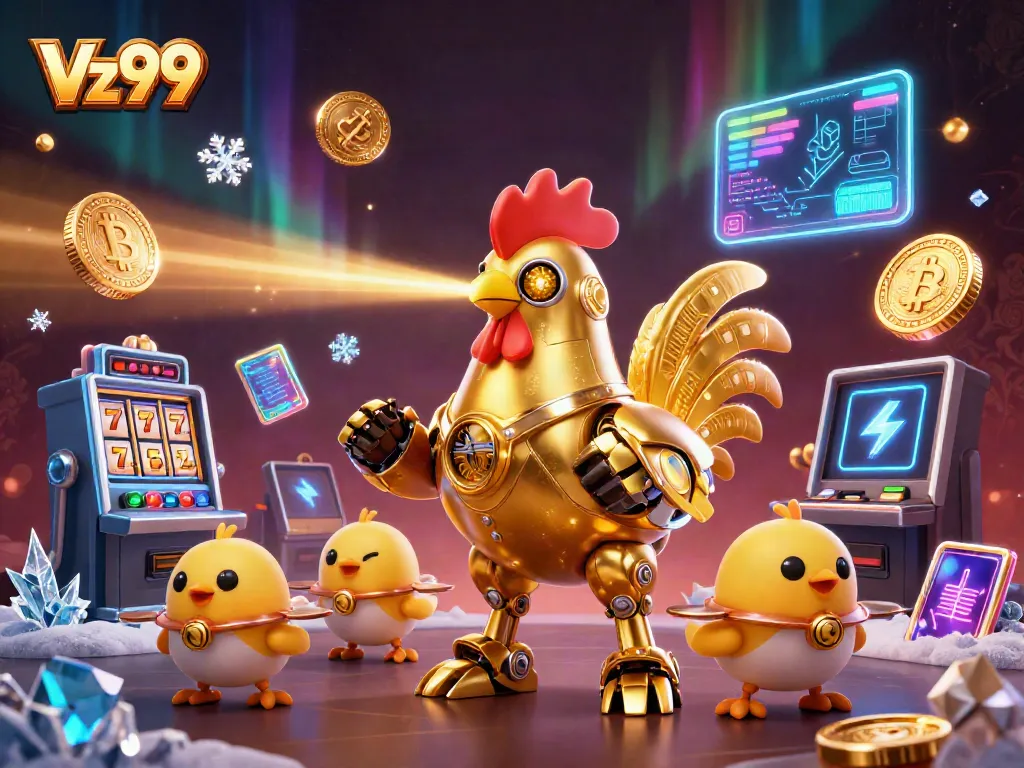 Engage in thrilling gaming action at Vz99 with vibrant slot machines, cryptocurrencies, and futuristic characters.
