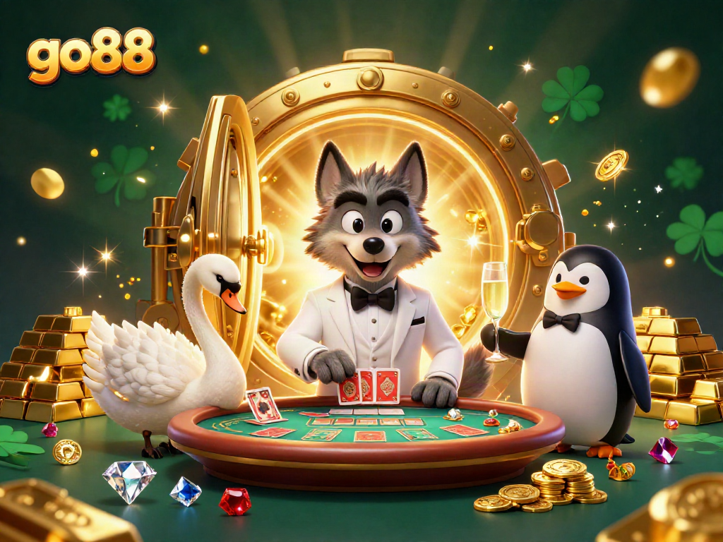 Play go88 at a vibrant online casino with gold treasures in a captivating illustrated scene.