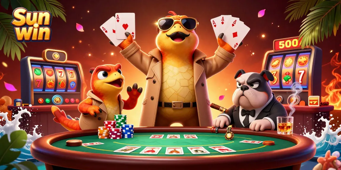Engage with thrilling casino adventures at Sun win, featuring playful raptor characters in a vibrant 3D casino scene.
