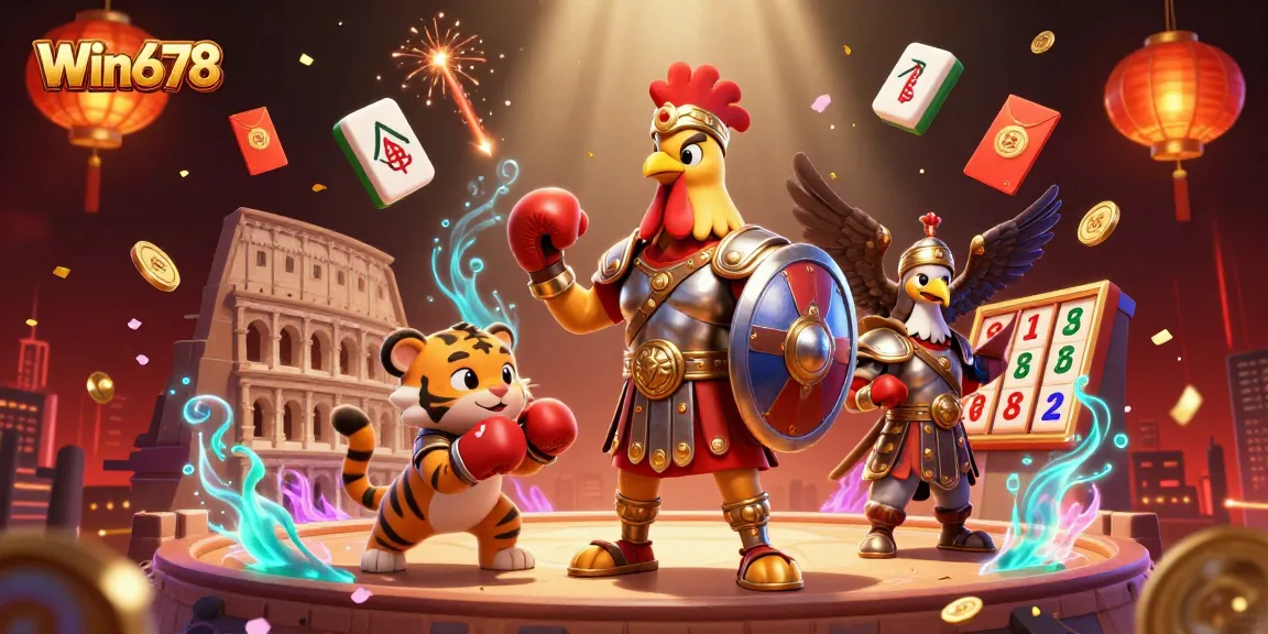 Experience the excitement of Win678 with an action-packed casino scene featuring a gladiator rooster and tiger cub.