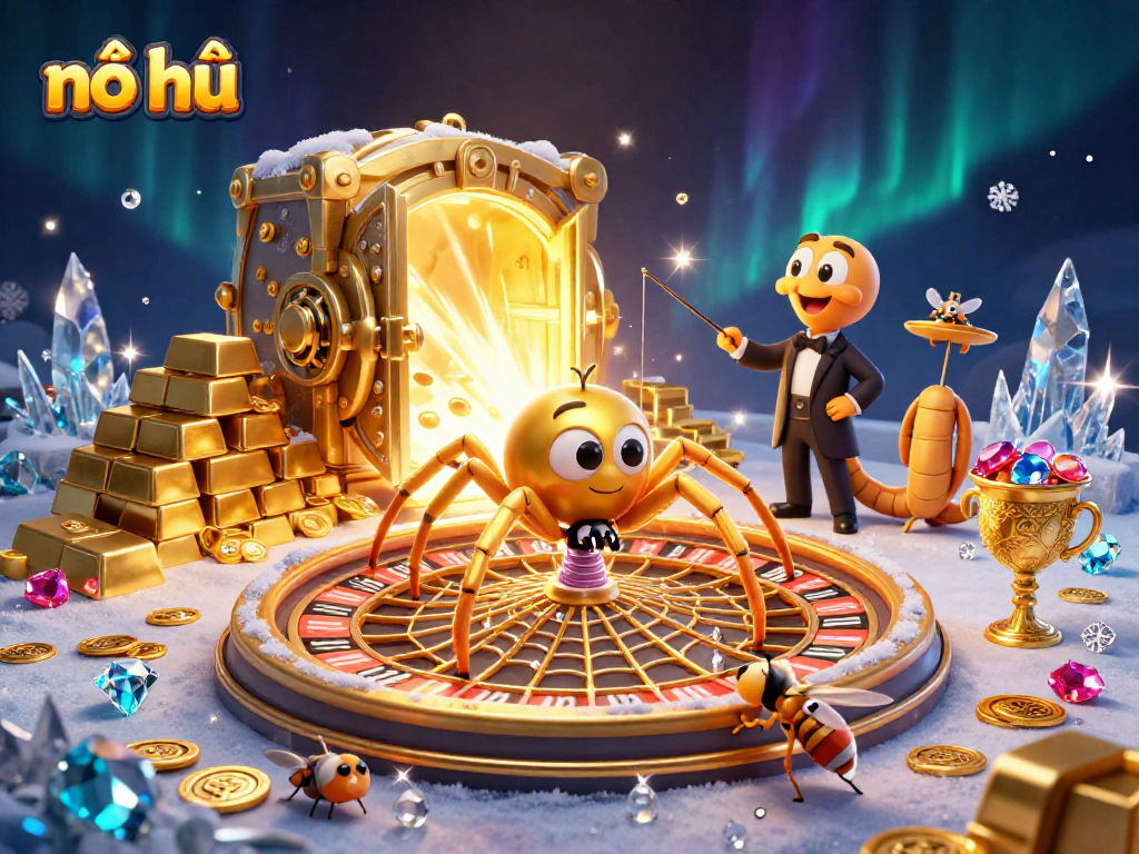Experience nổ hũ excitement with a golden spider, roulette wheel, and treasures in this vibrant casino scene.