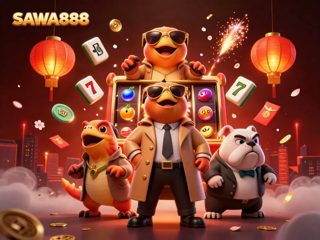 Experience winning thrills with SAWA888 in a vibrant casino scene featuring raptors and slot elements.