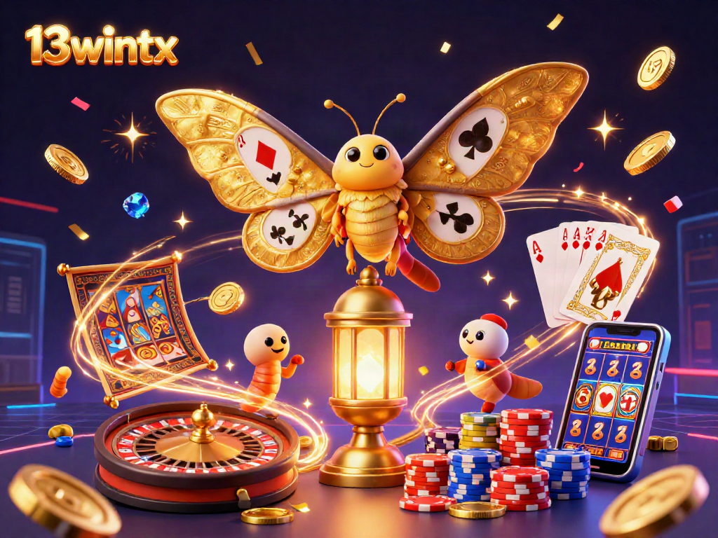 Engage with the vibrant 13wintx casino illustrated scene showcasing dazzling moths, golden coins, and thrilling games.