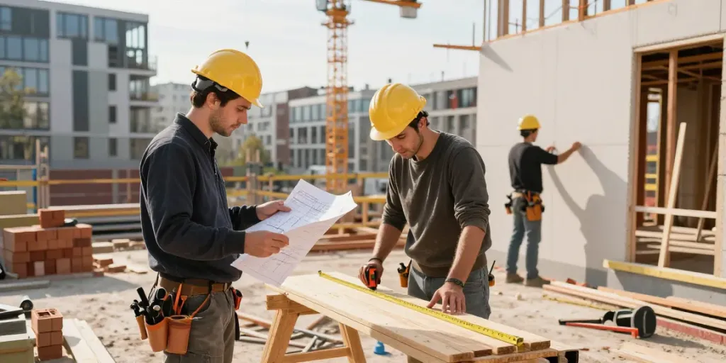 Bauunternehmen Wien bei einer aktiven Baustelle, wo Fachkräfte zusammenarbeiten und an einem modernen Wohnprojekt bauen.