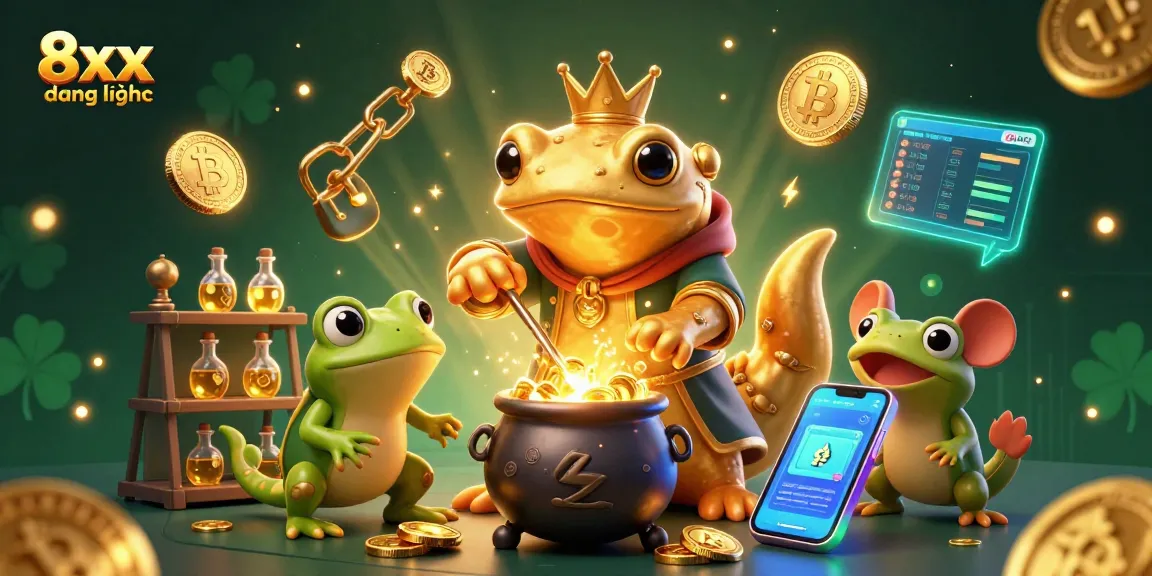 Experience the magic of 8xx đăng nhập with a vibrant scene depicting alchemy and crypto gaming.