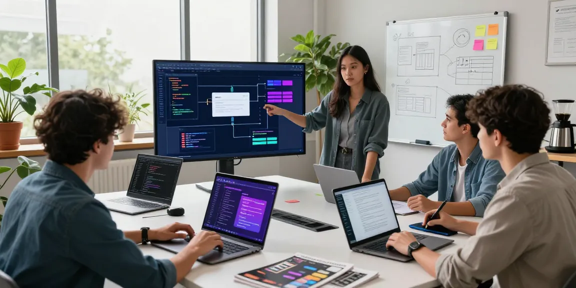 Build internal tools with AI in a collaborative workspace with team members reviewing coding interfaces and digital designs.