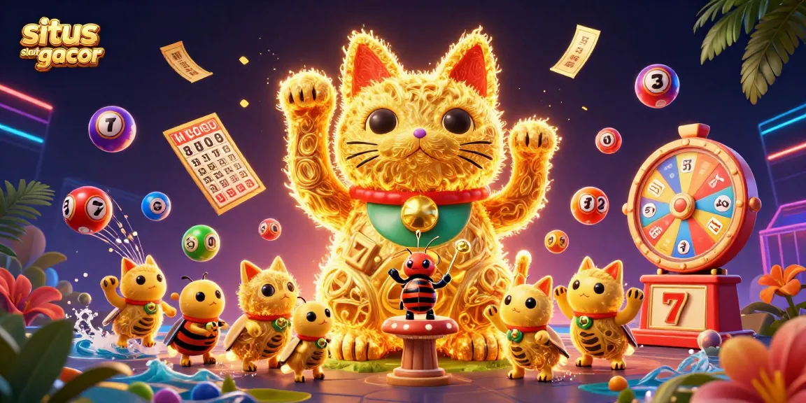Engage with situs slot gacor through a vibrant, animated scene of a lucky cat, bursting casino symbols, and festive elements.