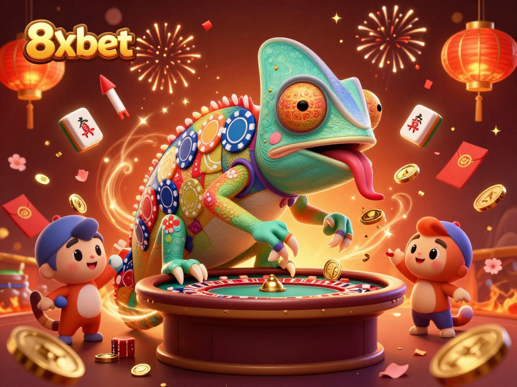 Engage in thrilling games at 8xbet, where a vibrant chameleon owner welcomes you to a dynamic casino experience.