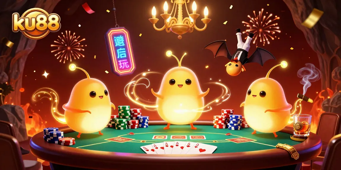 Light up your game with ku88's colorful casino adventure featuring glowworms and poker elements.