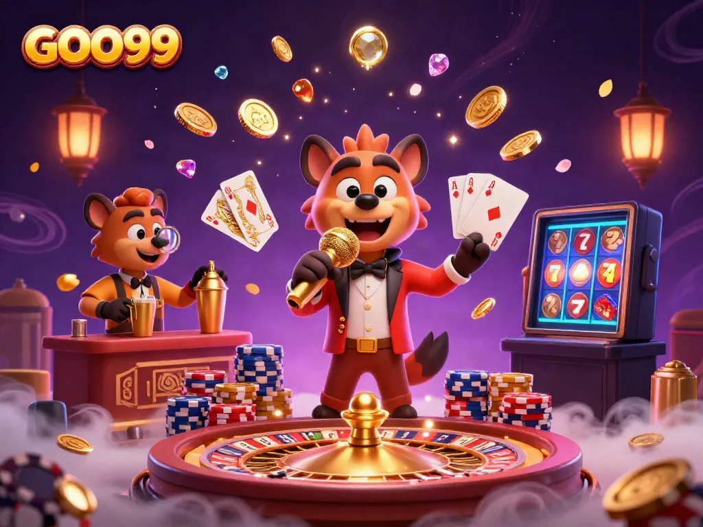 GOO99 comedy casino scene with hyenas, golden coins, roulette, and vibrant gaming atmosphere.